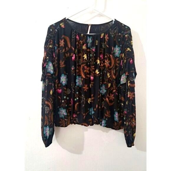 Free People Women Small Ruched Flutter Sleeve Mesh Floral Boho Top Brown Neutral - Picture 1 of 7